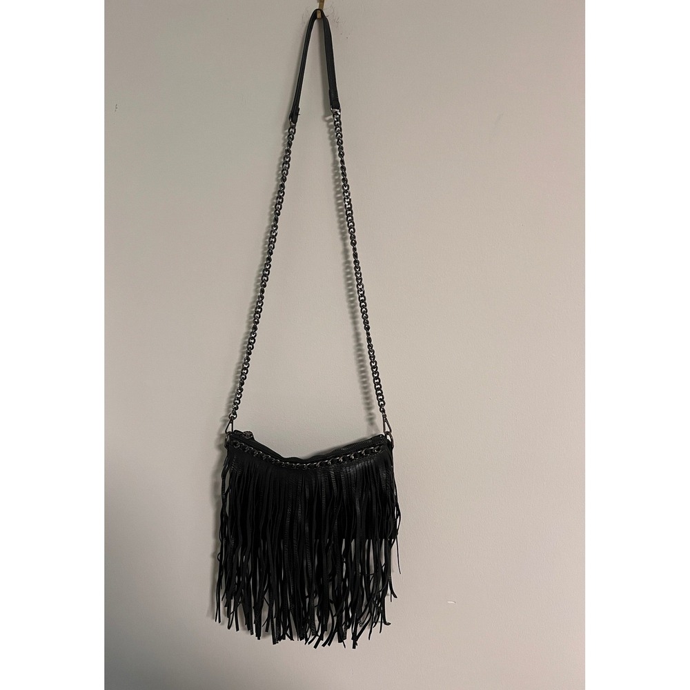 MMS Black Fringe Crossbody Bag Small Faux Leather Gunmetal Chain Boho Rockstar - Picture 6 of 11